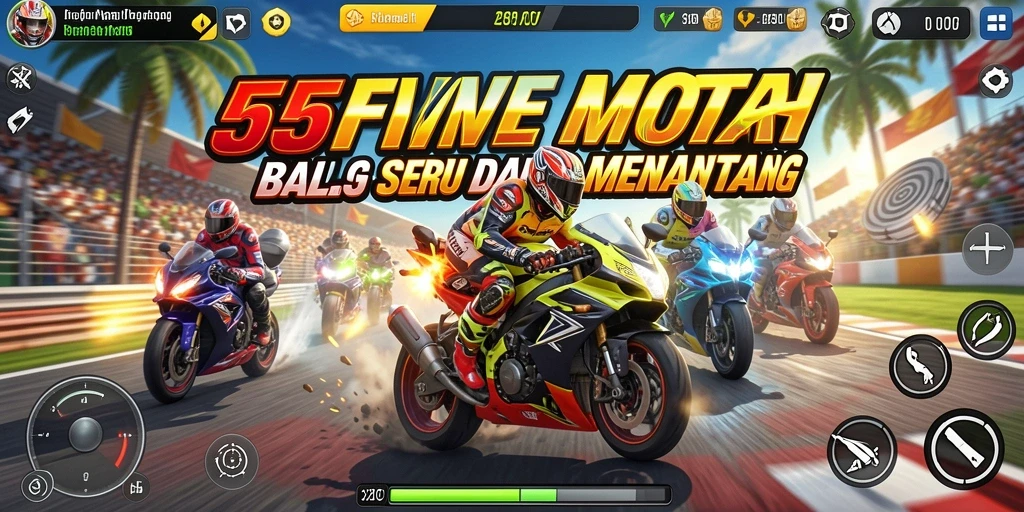 Screenshot utama 55FIVE menampilkan aksi balapan motor yang mendebarkan.