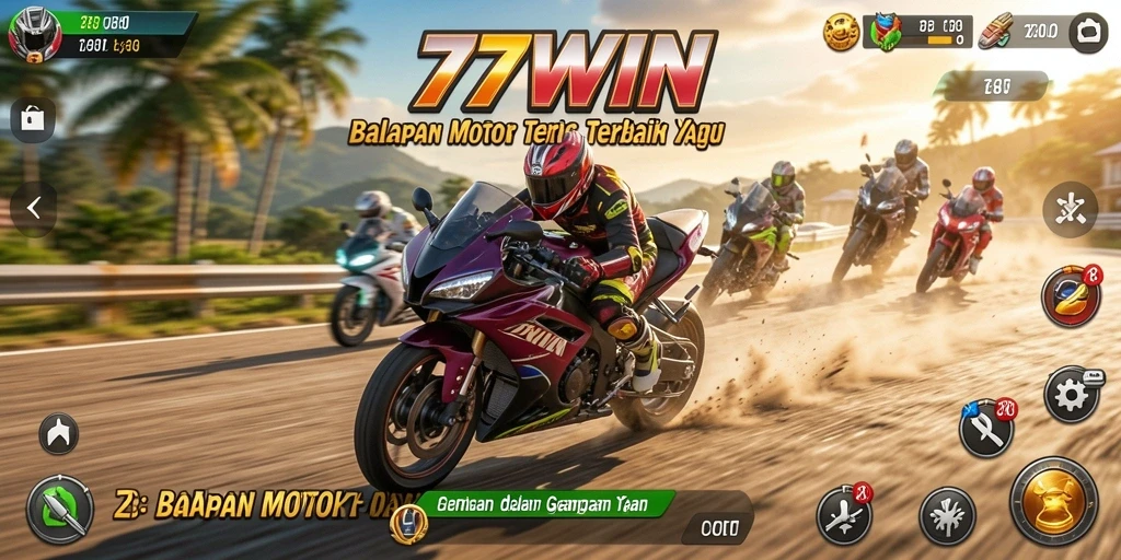 Screenshot utama 77WIN menunjukkan aksi balapan motor yang mendebarkan.