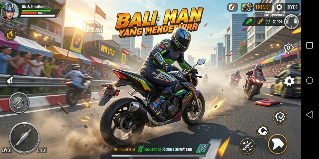 Screenshot gameplay DY01 dengan aksi balap motor yang seru.
