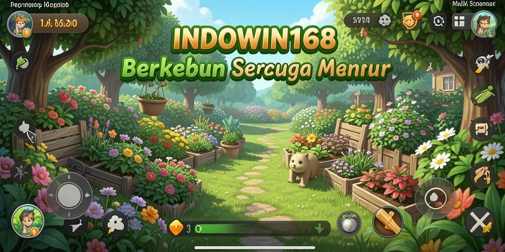 Tampilan gameplay INDOWIN168 yang menampilkan kebun yang subur dan hewan ternak.