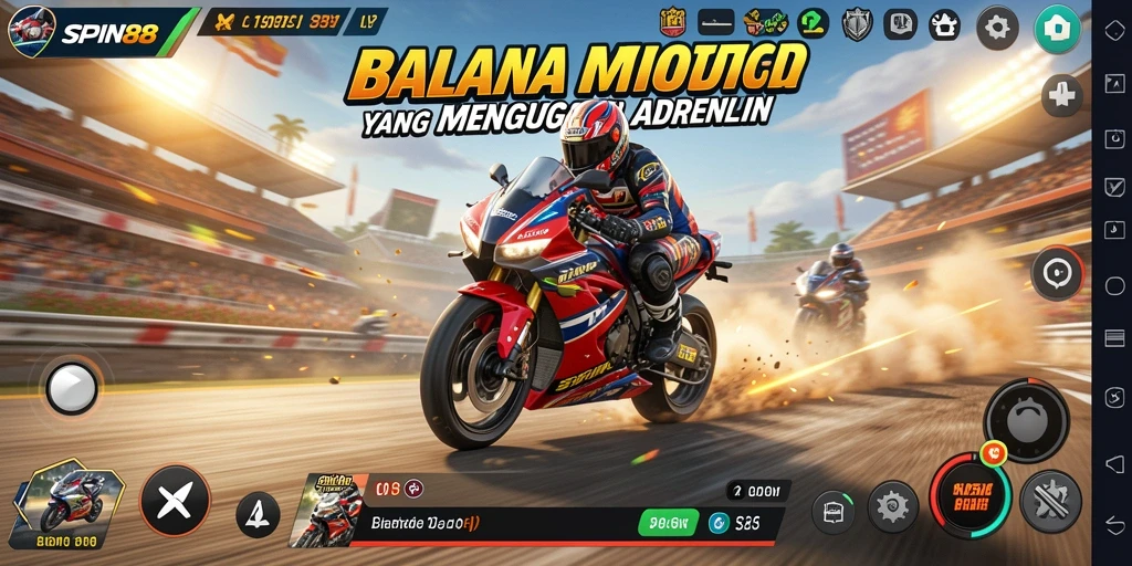 Screenshot utama gameplay SPIN88 menampilkan balapan motor yang mendebarkan.